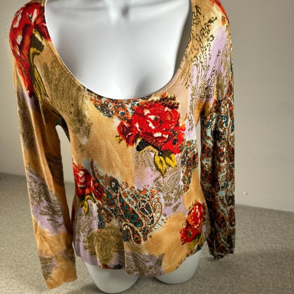 Vintage Y2K Newport News‎ Womens Top Sweater Medium Floral Scoop Neck Sequin - Picture 2 of 14
